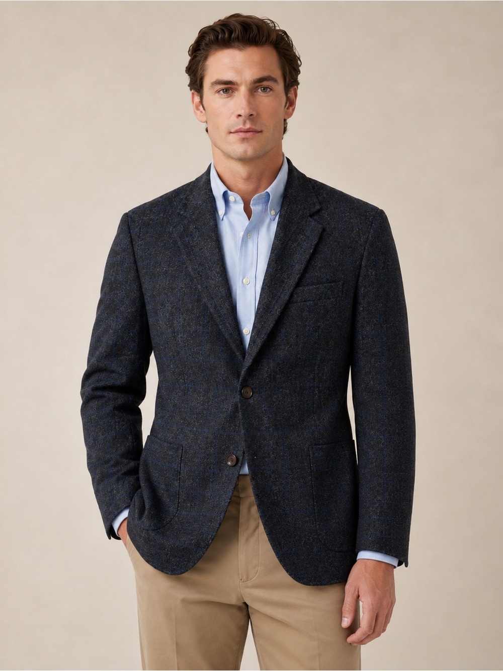 Neiman Marcus Harris Tweed Glen Plaid Blazer 100% New Wool Charcoal Black/Blue